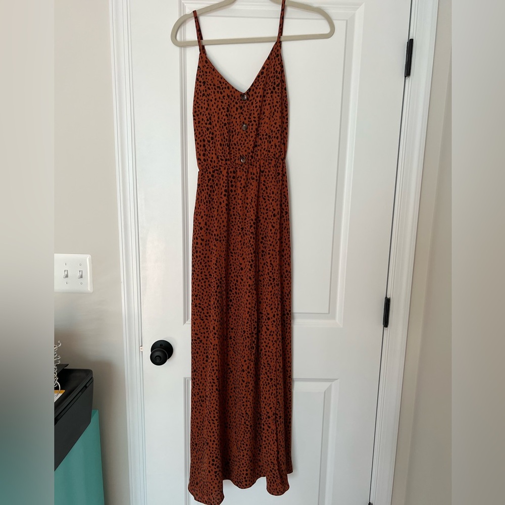 Burnt orange and black speckled maxi dress